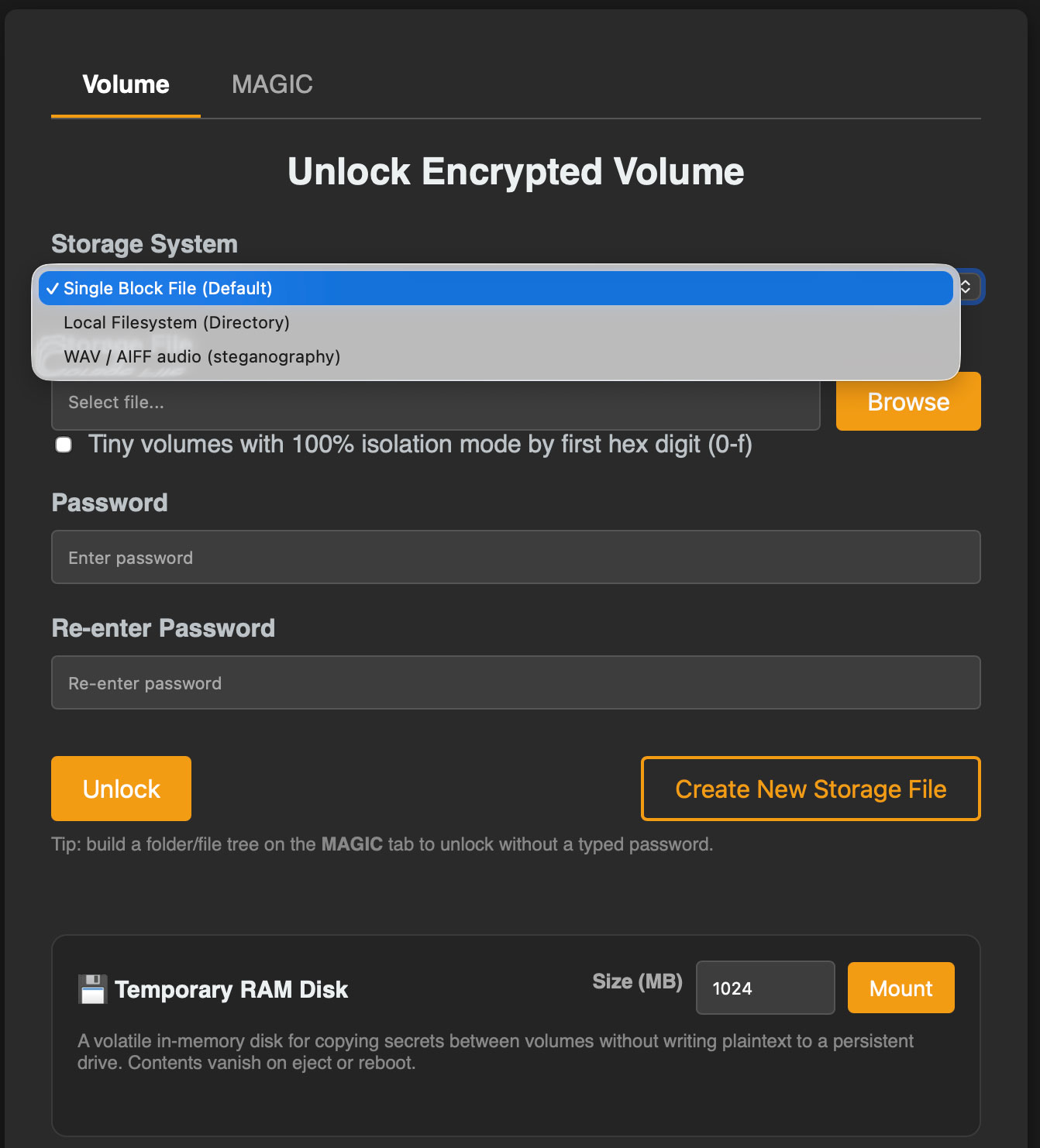 Create New Storage File screen with storage system choices